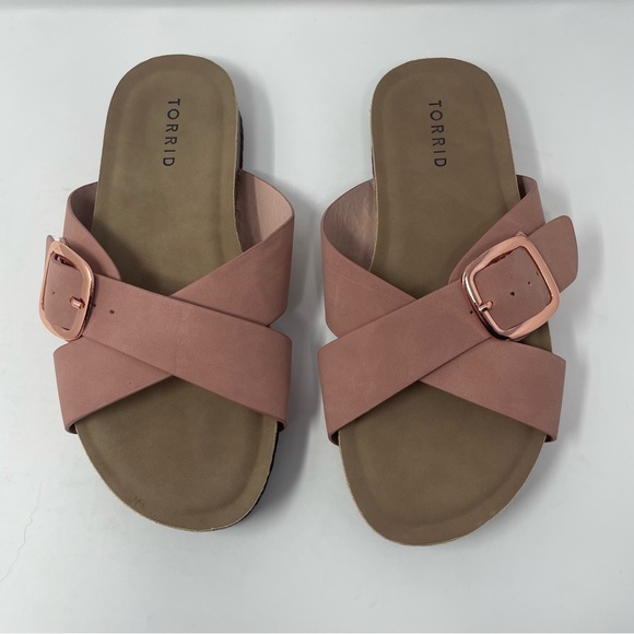 Torrid Pink Rose Gold Cross Buckle Slide Sandals Women’s Size 6.5 Wide Width - Picture 2 of 7